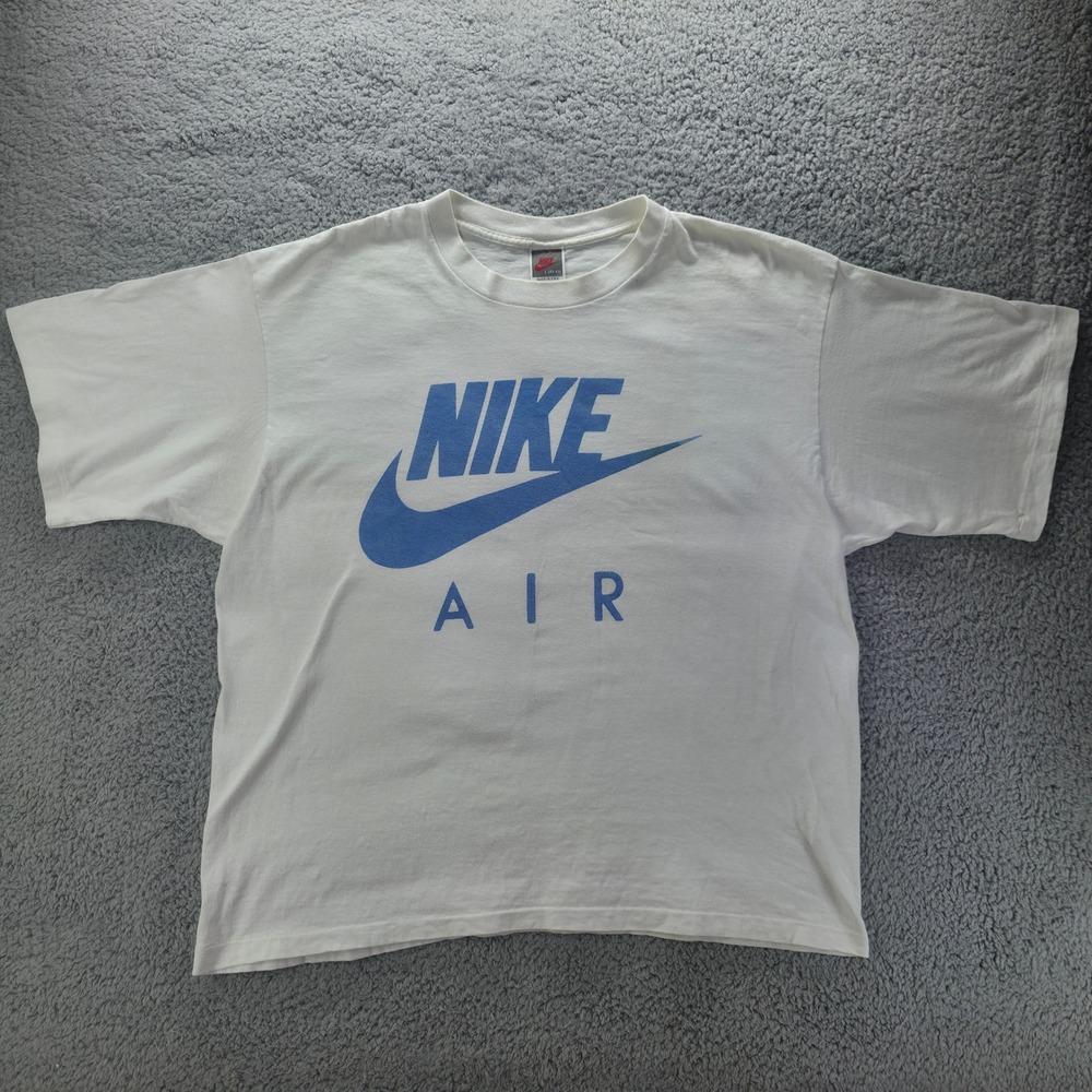 Vintage 90s Nike Air T Shirt Mens Large White Blue Logo Made in USA Grey Tag